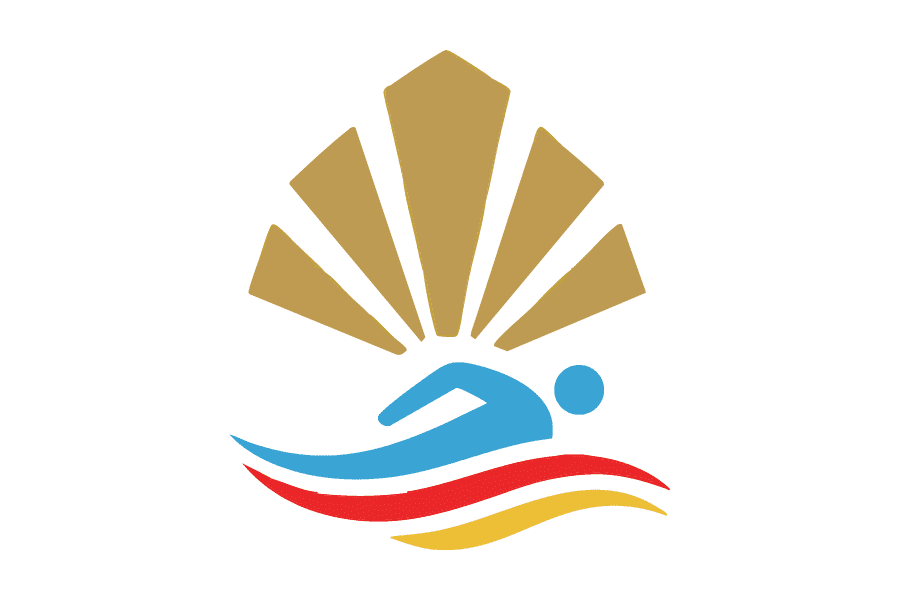 Logo mit blauem Schwimmer und stilisierten Wellen in rot und gelb, unter goldenen Strahlen.