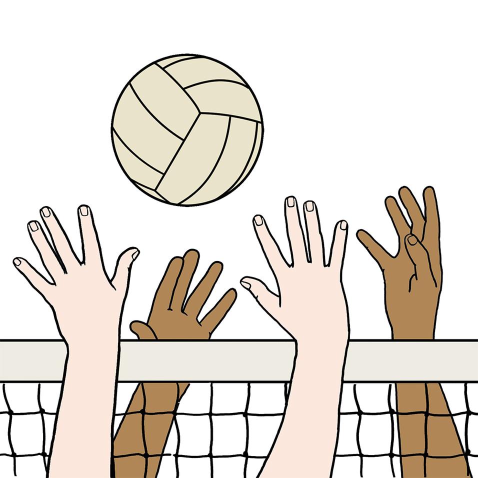 Hände strecken sich nach einem Volleyball über einem Netz, um den Ball zu erreichen.