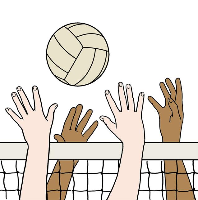 Hände strecken sich nach einem Volleyball über einem Netz, um den Ball zu erreichen.
