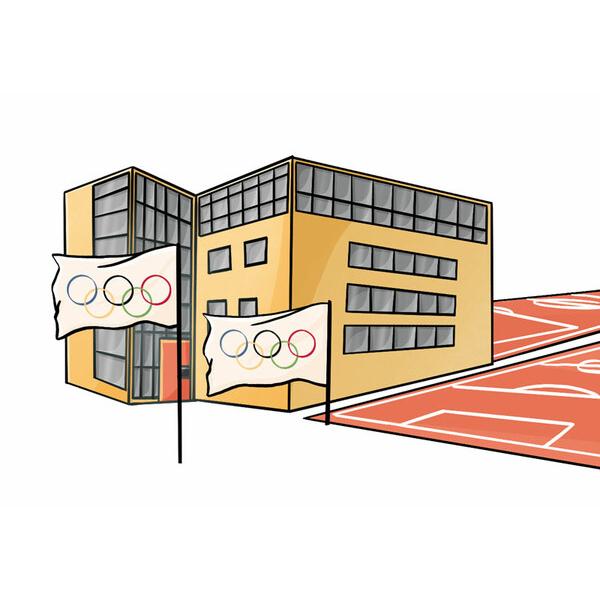 Illustration eines modernen Gebäudes mit Olympiagelände und Flaggen mit Olympischen Ringen.