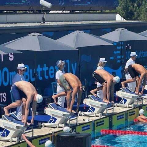 Wettkampfschwimmer in Startpositionen an Beckenrand vor einer Schwimmübertragung mit mehreren Lane-Markierungen.