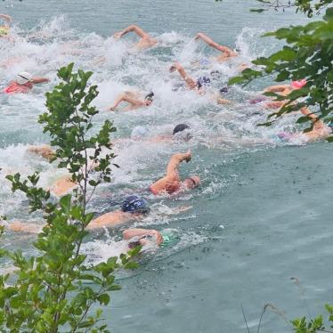 Gruppe von Schwimmern im Wasser mit spritzenden Wellen, umgeben von grünen Pflanzen am Ufer.