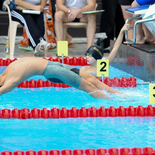Junger Schwimmer in Hautfarbe mit blauen Badekappe springt ins Wasser, während andere Wettkämpfer warten.