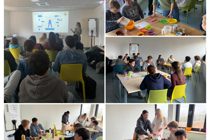 Schüler und Lehrkräfte in einem Unterrichtsraum, bei einer Präsentation sowie beim Kochen mit bunten Schüsseln und Zutaten.