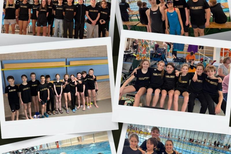 Gruppenfoto von Schwimmern in schwarzen T-Shirts mit „Karlsruhe“ an einem Schwimmbecken. Zusammenhalt und Teamgeist sind sichtbar.
