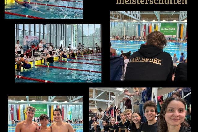 Schwimmwettkämpfe mit Teilnehmern am Beckenrand und Gruppenaufnahme von Schwimmern in Karlsruhe.