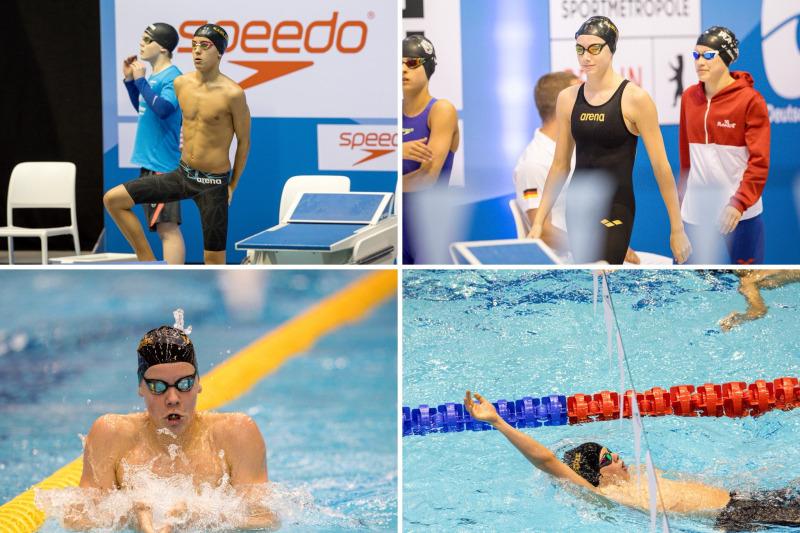 Vierteilige Collage von Schwimmern: Wettkampfvorbereitung, Schwimmstart, Brustschwimmen und Rücken schwimmen im Wettbecken.