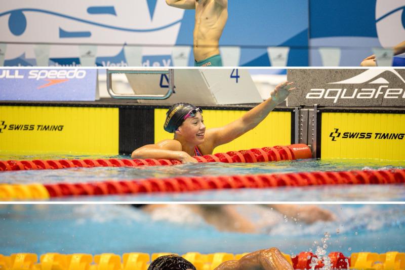 Drei Bilder zeigen Schwimmer: Ein Junge bereitet sich vor, ein Mädchen lächelt am Beckenrand, ein Junge schwimmt.