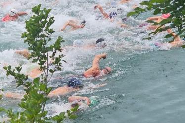 Gruppe von Schwimmern im Wasser mit spritzenden Wellen, umgeben von grünen Pflanzen am Ufer.