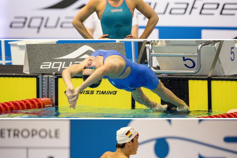 Drei Szenen von Schwimmern: Eine Wartende, eine beim Sprung ins Wasser und ein männlicher Schwimmer von hinten.