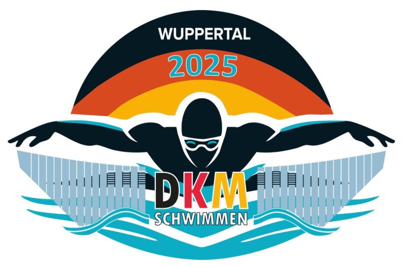 Logo der DKM Schwimmen 2025 in Wuppertal mit schwimmendem Sportler und buntem Wellenmuster.