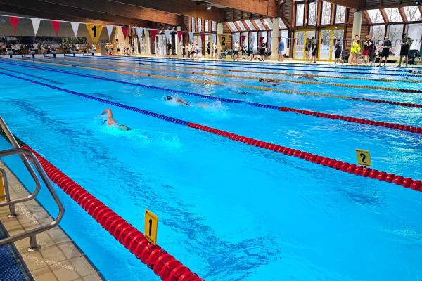 Schwimmbad mit mehreren Bahnen, Schwimmern und Sitzplätzen, hell erleuchtet, rote und blaue Markierungen.