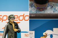 Collage mit Wasser-sportler in Wettkampfkleidung, beim Eintauchen ins Wasser und beim Schwimmen mit Fokus auf den Kopf.