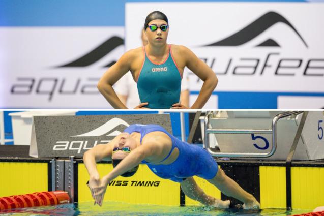 Drei Szenen von Schwimmern: Eine Wartende, eine beim Sprung ins Wasser und ein m&auml;nnlicher Schwimmer von hinten.