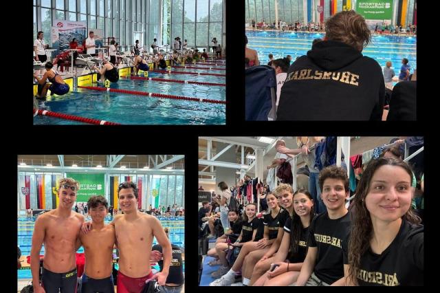 Schwimmwettkämpfe mit Teilnehmern am Beckenrand und Gruppenaufnahme von Schwimmern in Karlsruhe.