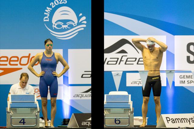 Zwei Schwimmer in Wettkampfbekleidung stehen an einer Startblcke am Beckenrand bei den Junior Schwimmmeisterschaften 2025.