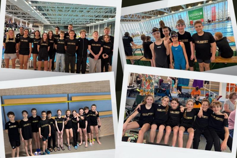 Gruppenfoto von Schwimmern in schwarzen T-Shirts mit &bdquo;Karlsruhe&ldquo; an einem Schwimmbecken. Zusammenhalt und Teamgeist sind sichtbar.