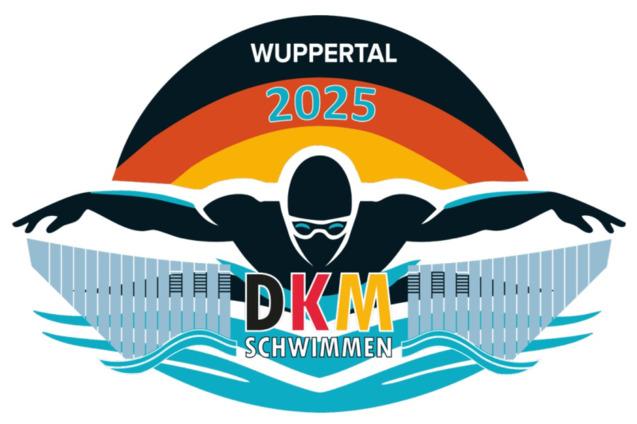 Logo der DKM Schwimmen 2025 in Wuppertal mit schwimmendem Sportler und buntem Wellenmuster.